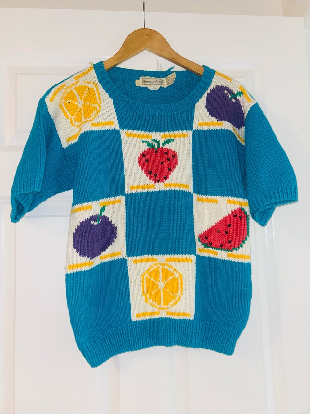 The Eagle's Eye Blue Fruit Pattern Crew Neck Cottage Core Vintage Pullover Large